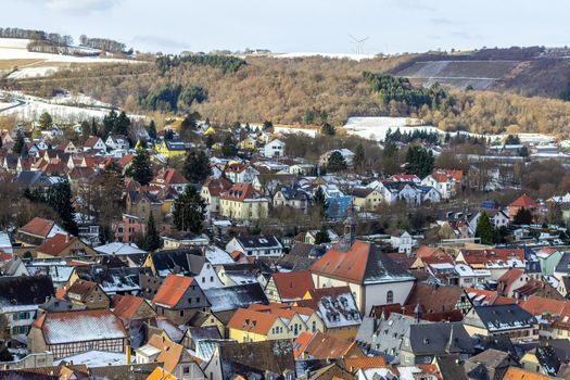 High angle view of the city Meisenheim, Germany in winter with snow