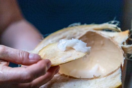 Opened coconut at a market in victoria on seychelles island mahé in the indian ocean