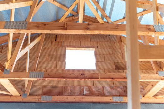 wooden roof structure on a new building.