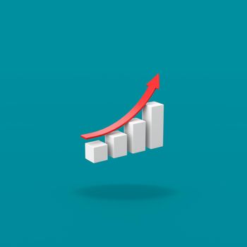 Growing Bar Chart with Rising Red Arrow on Flat Blue Background with Shadow 3D Illustration