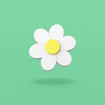 White Daisy Flower 3D Shape on Flat Green Background with Shadow 3D Illustration