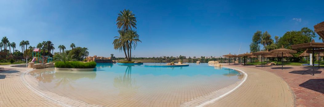 Panoramic view with tall large date palm tree phoenix dactylifera on island in infinity swimming pool at luxury tropical hotel resort