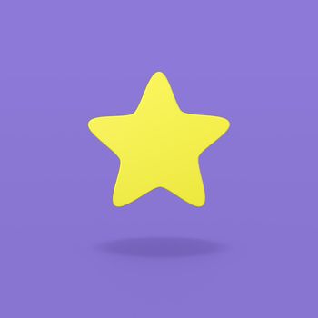 One Single Yellow Star Shape on Flat Purple Background with Shadow 3D Illustration