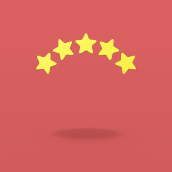 Five Yellow Stars Shapes on Flat Red Background with Shadow 3D Illustration