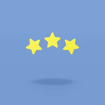 Three Yellow Stars Shapes on Flat Blue Background with Shadow 3D Illustration