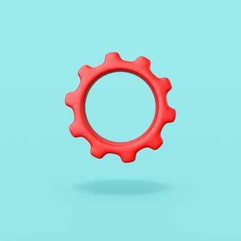One Single Red Gear on Flat Light Blue Background with Shadow 3D Illustration