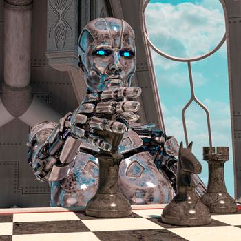 A robot is playing chess. High technology 3d illustration - 3d rendering