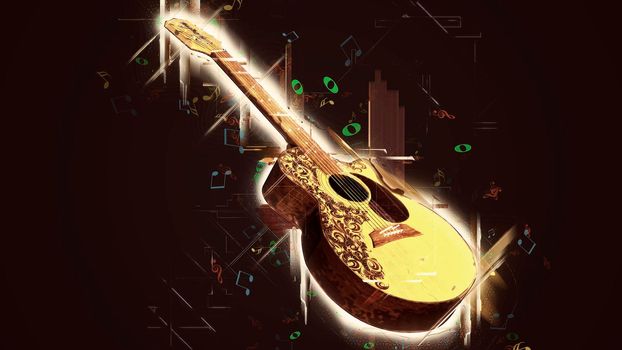 Acoustic Classical Guitar on black background with music notes - 3d rendering