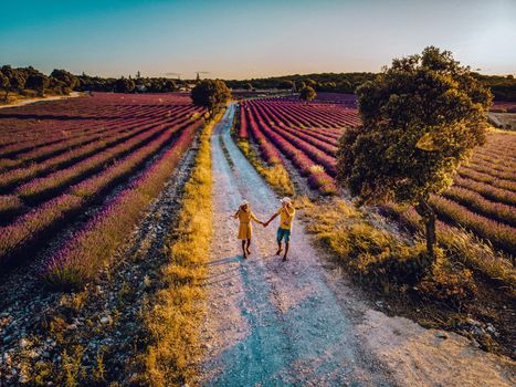 couple on vacation in the Provence France visiting the lavender fields of the Provence France. Europe