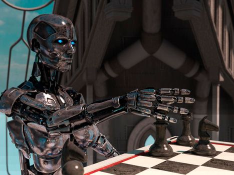 A robot is playing chess. High technology 3d illustration - 3d rendering