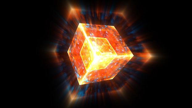 Eternal flame power overwhelming cube mystery core full energy surface and blur ray around on black background