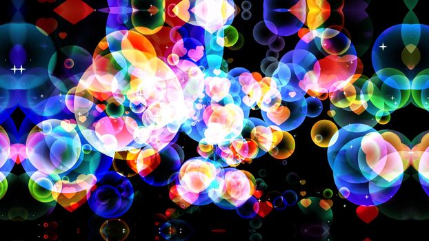 abstract dimension rainbow dark tone bubbles with hearts on black background with white star theme valentine day and love concept