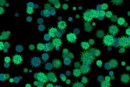 virus covid 19 ball glow green blue was floating in air on black screen