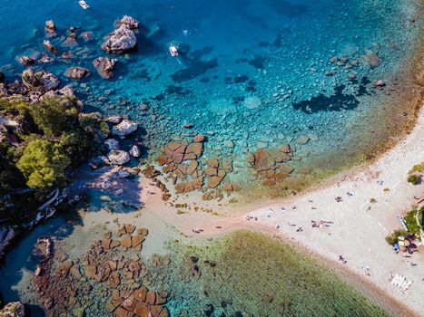 Isola Bella at Taormina, Sicily, Aerial view of the island and Isola Bella beach and blue ocean water in Taormina, Sicily, Italy Europe