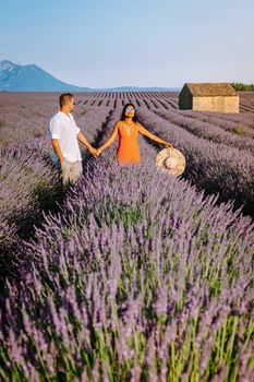 Provence, Lavender field France, Valensole Plateau, colorful field of Lavender Valensole Plateau, Provence, Southern France. Lavender field. Europe. Couple men and woman on vacation at the provence lavender fields,