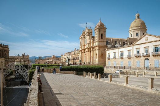 Sicily Italy, view of Noto old town and Noto Cathedral, Sicily, Italy. beautiful and typical streets and stairs in the baroque town of Noto in the province of Syracuse in Sicily