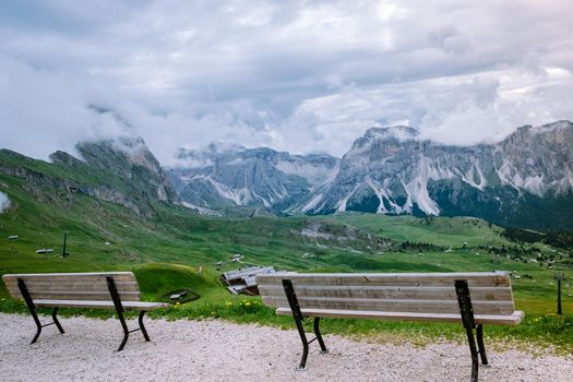  hiking in the Italien Dolomites, Amazing view on Seceda peak. Trentino Alto Adige, Dolomites Alps, South Tyrol, Italy, Europe. Odle mountain range, Val Gardena. Majestic Furchetta peak in morning sunlight. Italy