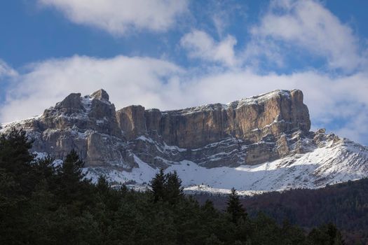 Snowy mountains landscape in the Aragonese Pyrenees. Selva de Oza valley, Hecho and Anso, Huesca, Spain.