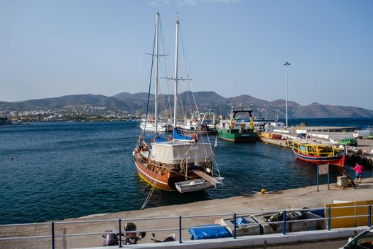 Agios Nikolaos, Crete, Greece September 2020. Agios Nikolaos is a picturesque town in the eastern part of the island Crete built on the northwest side of the peaceful bay of Mirabello Crete Greece