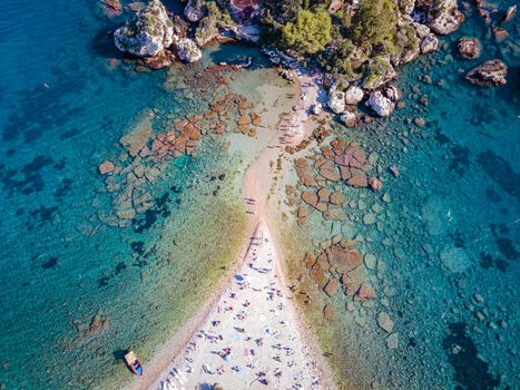 Isola Bella at Taormina, Sicily, Aerial view of the island and Isola Bella beach and blue ocean water in Taormina, Sicily, Italy Europe