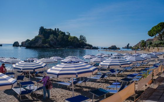 Isola Bella at Taormina, Sicily, Aerial view of the island and Isola Bella beach and blue ocean water in Taormina, Sicily, Italy Europe