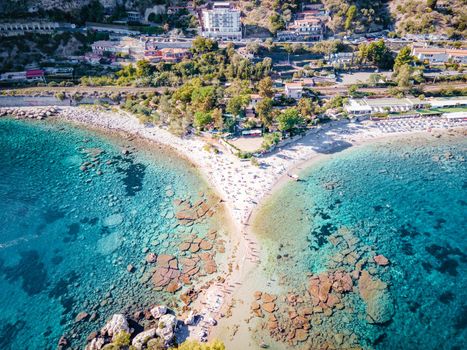 Isola Bella at Taormina, Sicily, Aerial view of the island and Isola Bella beach and blue ocean water in Taormina, Sicily, Italy Europe