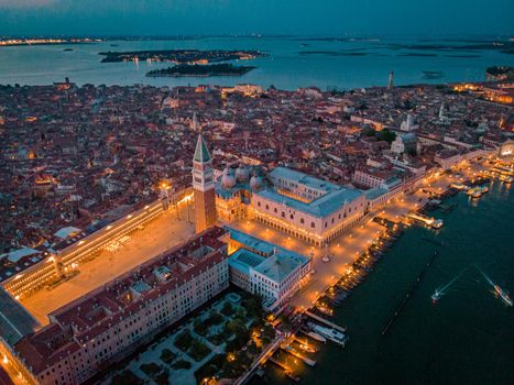 Venice from above with drone, Aerial drone photo of iconic and unique Saint Mark's square or Piazza San Marco featuring Doge's Palace, Basilica and Campanile, Venice, Italy. Europe