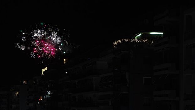 New Years Eve January 01 2021 pyrotechnics at Thessaloniki, Greece for the coming of New Year.