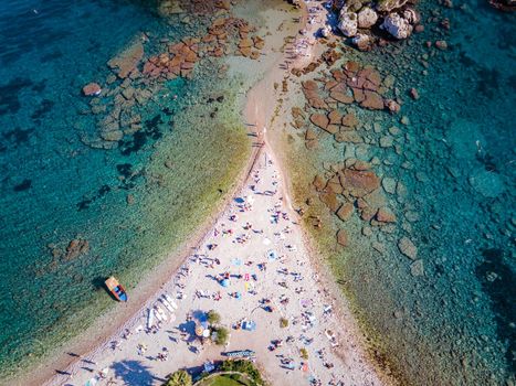 Isola Bella at Taormina, Sicily, Aerial view of the island and Isola Bella beach and blue ocean water in Taormina, Sicily, Italy Europe