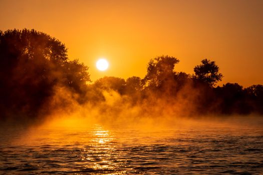 Cologne Germany rhine river sunrise with fog and mist in the morning. High quality photo