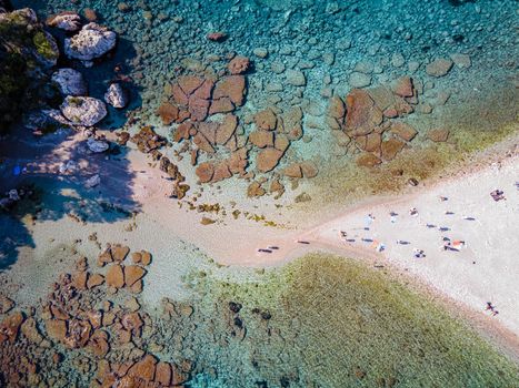 Isola Bella at Taormina, Sicily, Aerial view of the island and Isola Bella beach and blue ocean water in Taormina, Sicily, Italy Europe