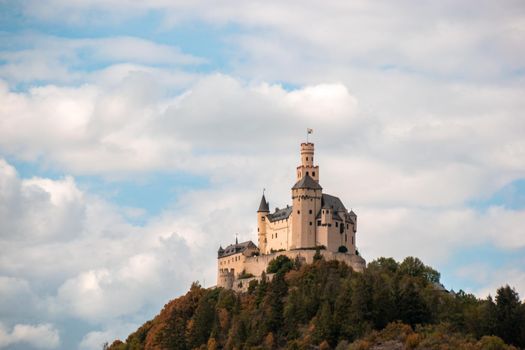 Romantic castles near Koblenz alongside the rhine rhein river germany, Marksburg castle by Braubach Germany Koblenz