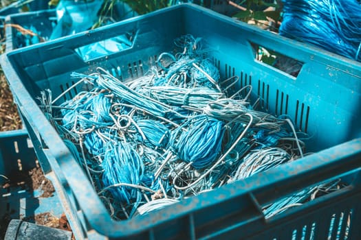 rope in a crate at the farm yard.