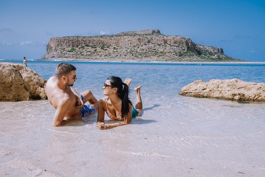 Balos Beach Cret Greece, Balos beach is on of the most beautiful beaches in Greece at the Greek Island couple visit the beach during vacation holiday in Greece