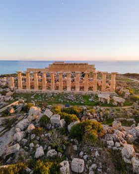 Greek temples at Selinunte, View on sea and ruins of greek columns in Selinunte Archaeological Park Sicily Italy