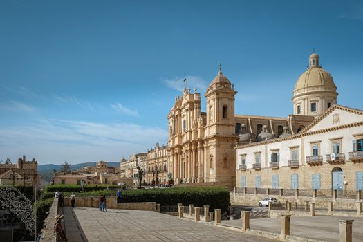 Sicily Italy, view of Noto old town and Noto Cathedral, Sicily, Italy. beautiful and typical streets and stairs in the baroque town of Noto in the province of Syracuse in Sicily