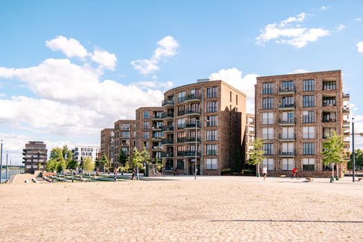 Mainz, Rheinland-PfalzGermany August 2020 , New just built structures apartment condo at port on river Rhein in Mainz by the rhine river. Europe