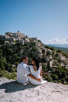 View of Gordes, a small medieval town in Provence, France. A view of the ledges of the roof of this beautiful village and landscape. Europe