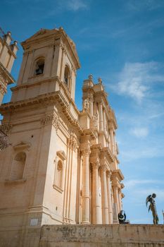 Sicily Italy, view of Noto old town and Noto Cathedral, Sicily, Italy. beautiful and typical streets and stairs in the baroque town of Noto in the province of Syracuse in Sicily