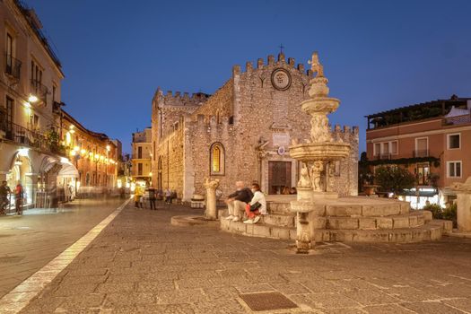 Taormina Sicily, Belvedere of Taormina and San Giuseppe church on the square Piazza IX Aprile in Taormina. Sicily, Italy.