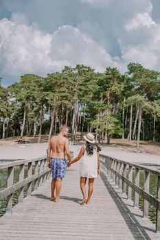 A lake situated in the Netherlands, Utrecht, called Henschotermeer. by drone aerial utrechtse heuvelrug, henschotermeer, lake in holland. Europe, couple men and woman walking on wooden pier