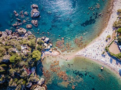 Isola Bella at Taormina, Sicily, Aerial view of the island and Isola Bella beach and blue ocean water in Taormina, Sicily, Italy Europe