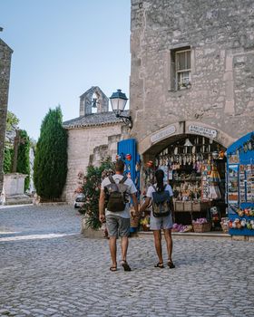 Les Baux de Provence France June 2020, old historical village build on a hill in the Provence, Les Baux de Provence village on the rock formation and its castle. France, Europe