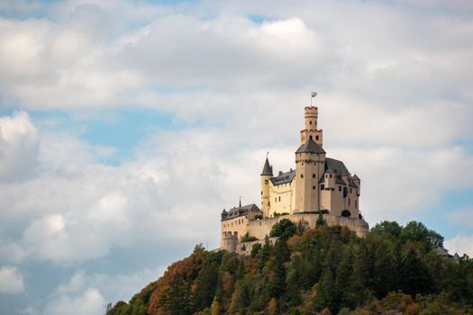 Romantic castles near Koblenz alongside the rhine rhein river germany, Marksburg castle by Braubach Germany Koblenz