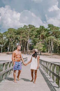 A lake situated in the Netherlands, Utrecht, called Henschotermeer. by drone aerial utrechtse heuvelrug, henschotermeer, lake in holland. Europe, couple men and woman walking on wooden pier