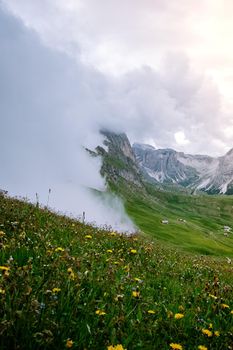  hiking in the Italien Dolomites, Amazing view on Seceda peak. Trentino Alto Adige, Dolomites Alps, South Tyrol, Italy, Europe. Odle mountain range, Val Gardena. Majestic Furchetta peak in morning sunlight. Italy