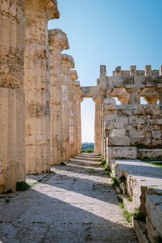 Greek temples at Selinunte, View on sea and ruins of greek columns in Selinunte Archaeological Park Sicily Italy