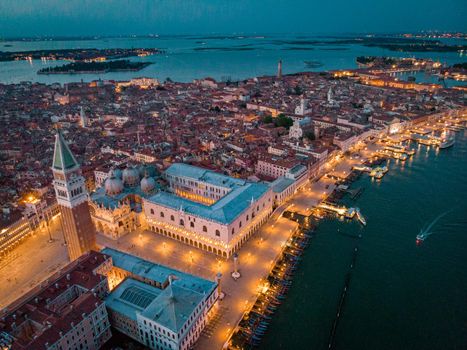 Venice from above with drone, Aerial drone photo of iconic and unique Saint Mark's square or Piazza San Marco featuring Doge's Palace, Basilica and Campanile, Venice, Italy. Europe