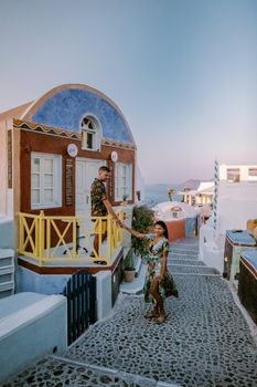 Santorini Greece August 2020, streets of Oia on a early morning with cafe and restaurant. High quality photo