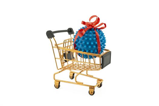Virus molecule on a shopping cart conceptual of the possibility of infection with corona virus or Covid-19 over a white background